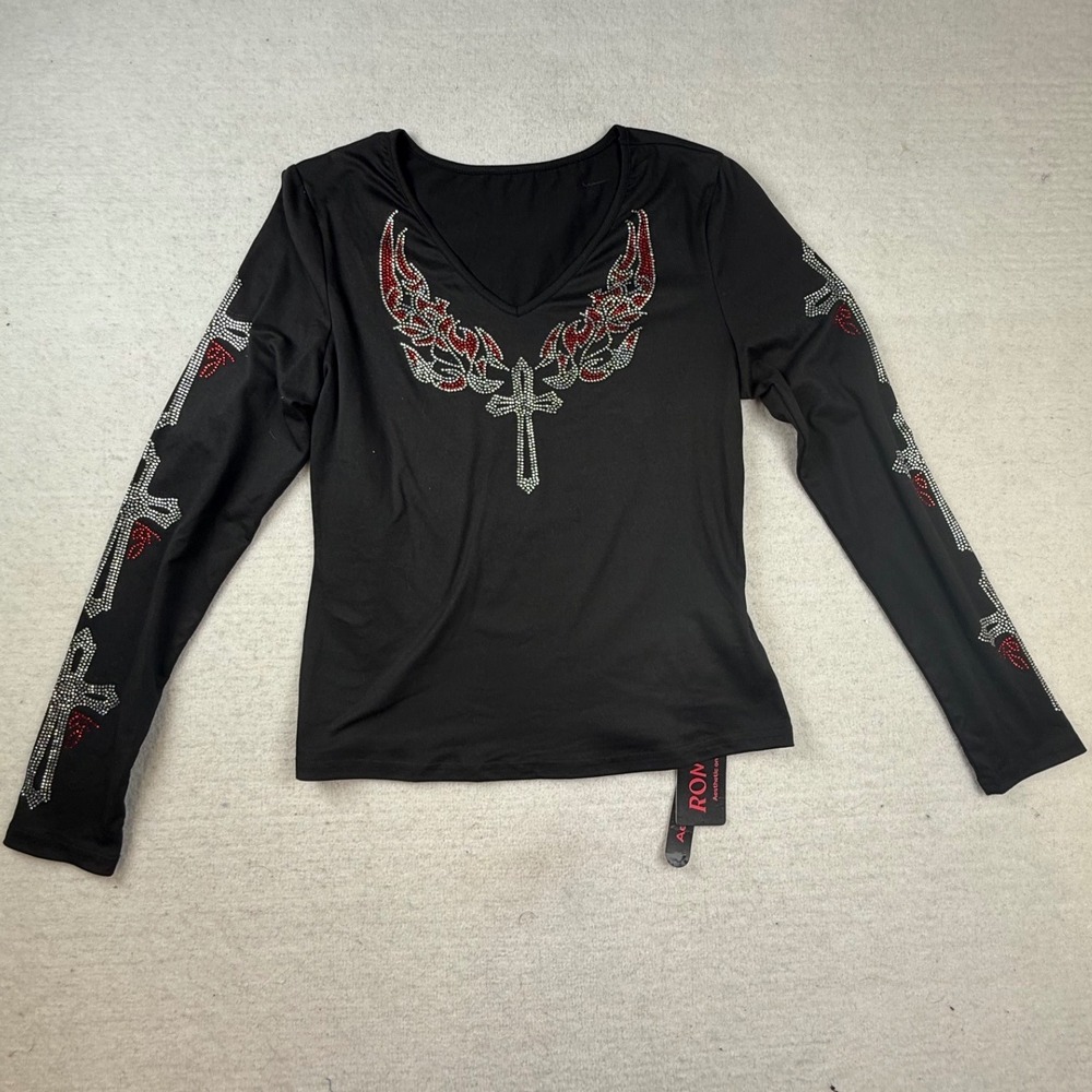 ROMWE Black Rhinestone Cross Wing Graphic Long Sleeve V-Neck Top Y2K Grunge